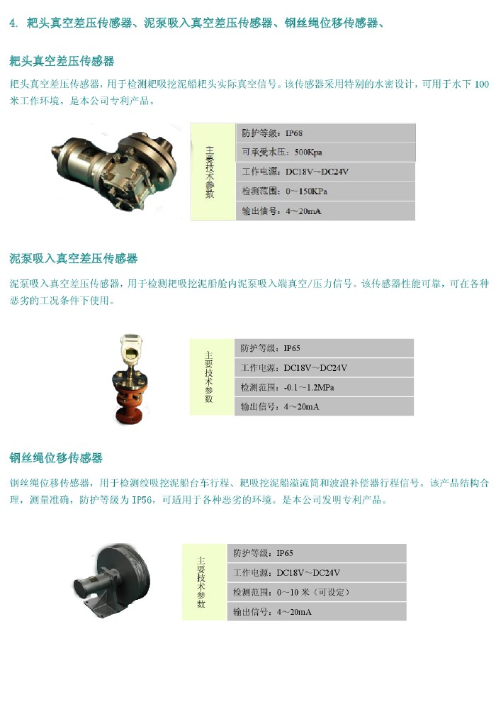 耙頭真空差壓傳感器、泥泵吸入真空差壓傳感器、鋼絲繩位移傳感器、